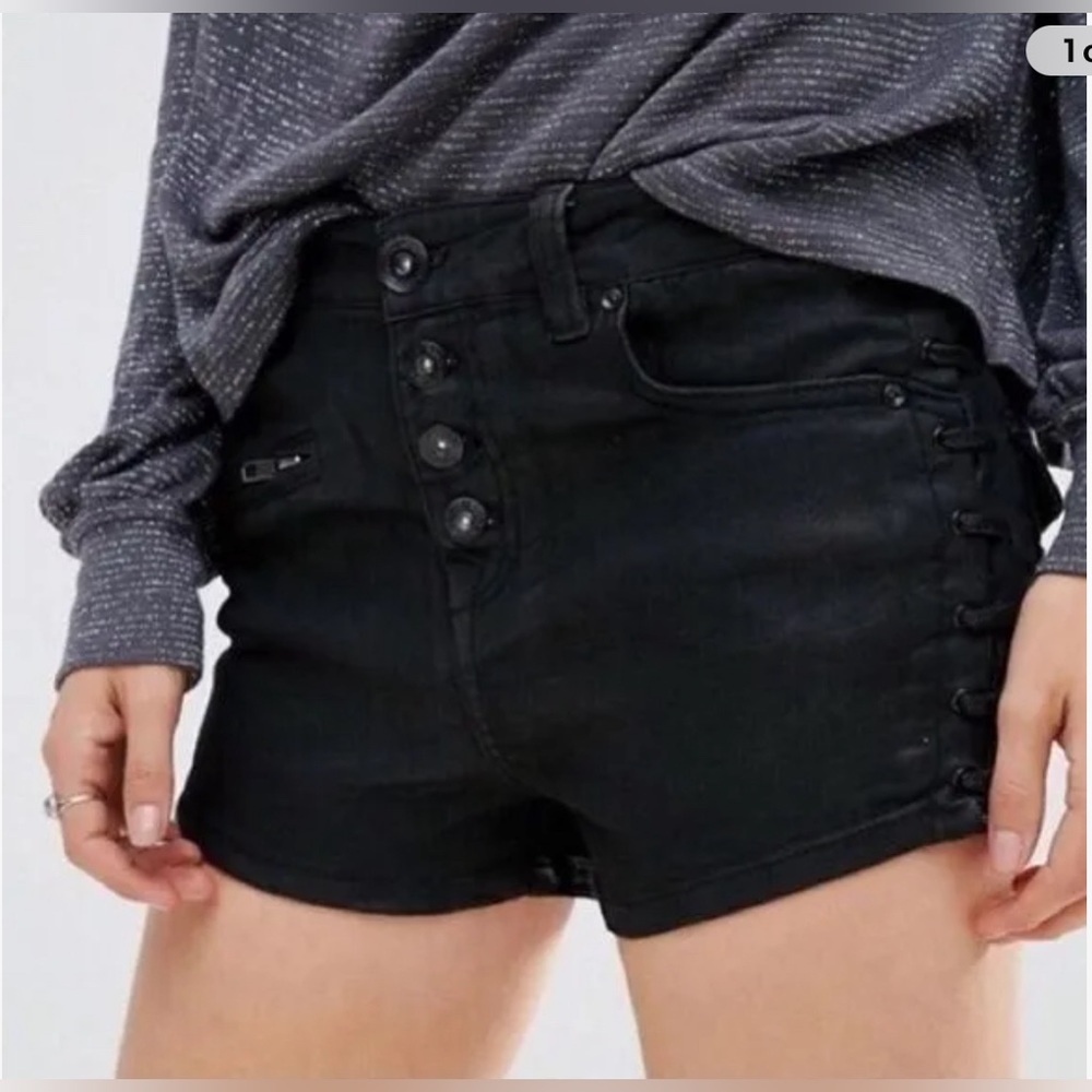 #1075 Free People Lone Ranger Black Denim Jean Shorts Lace Up Size 27